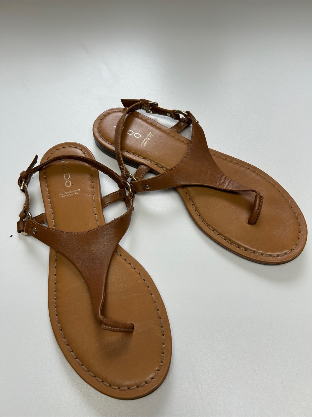 Aldo Tan Brown Leather T-Strap Toe-Post Sandals
